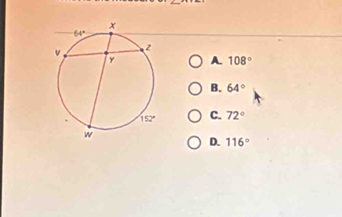 A. 108°
B. 64°
C. 72°
D. 116°