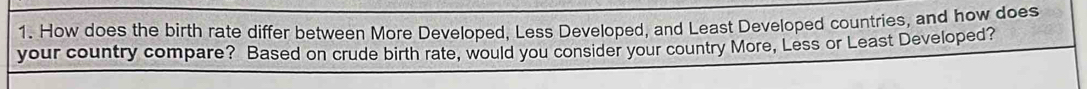 How does the birth rate differ between More Developed, Less Developed, and Least Developed countries, and how does 
your country compare? Based on crude birth rate, would you consider your country More, Less or Least Developed?