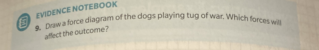 EVIDENCE NOTEBOOK 
9. Draw a force diagram of the dogs playing tug of war. Which forces will 
affect the outcome?