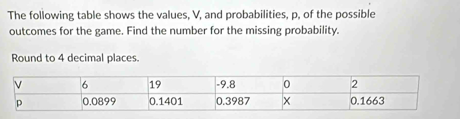 The following table shows the values, V, and probabilities, p, of the possible 
outcomes for the game. Find the number for the missing probability. 
Round to 4 decimal places.