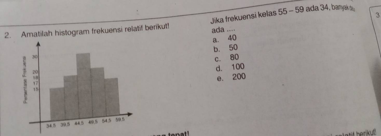 3
2. Amatilah histogram frekuensi relatif berikut! Jika frekuensi kelas 55 - 59 ada 34, banyak da
ada ....
a. 40
b. 50
c. 80
d. 100
e. 200
atif berikut!