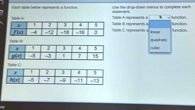 Each table below represents a function. Use the drop-down menus to complete each
statement.
Table A: Table A represents a function.
Table B represents a function.
Table C represents a linear function.
Table B: quadratic
cubic
Table C: