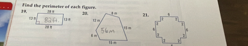 Find the perimeter of each figure. 
19.20.21.