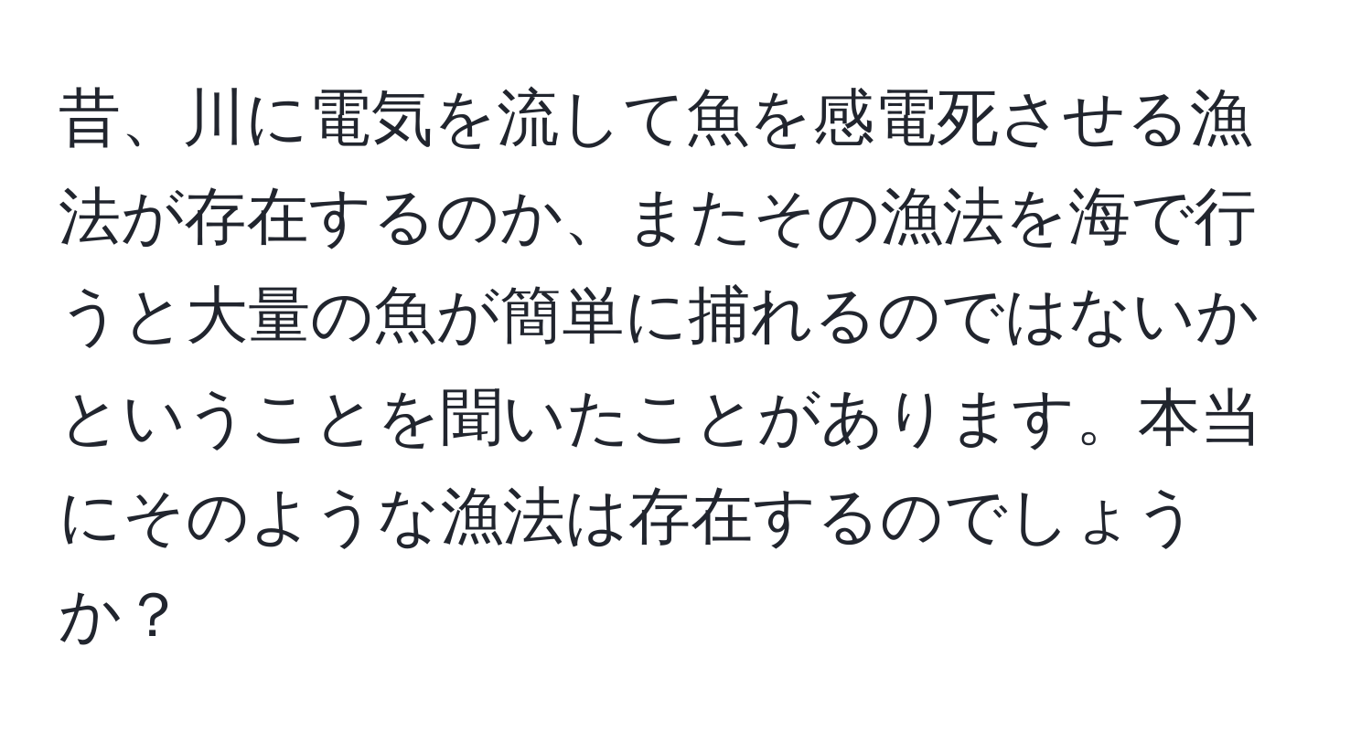 昔、川に電気を流して魚を感電死させる漁法が存在するのか、またその漁法を海で行うと大量の魚が簡単に捕れるのではないかということを聞いたことがあります。本当にそのような漁法は存在するのでしょうか？