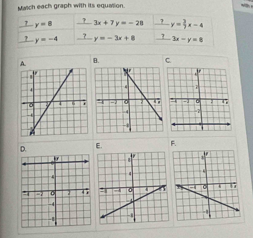 Match each graph with its equation.
with r
_ ?y=8 _  _  3x+7y=-28 _ ?y= 3/7 x-4
_ ?y=-4 _ ? y=-3x+8 _ ?3x-y=8
A.
B.
C.

F.
D.
E.