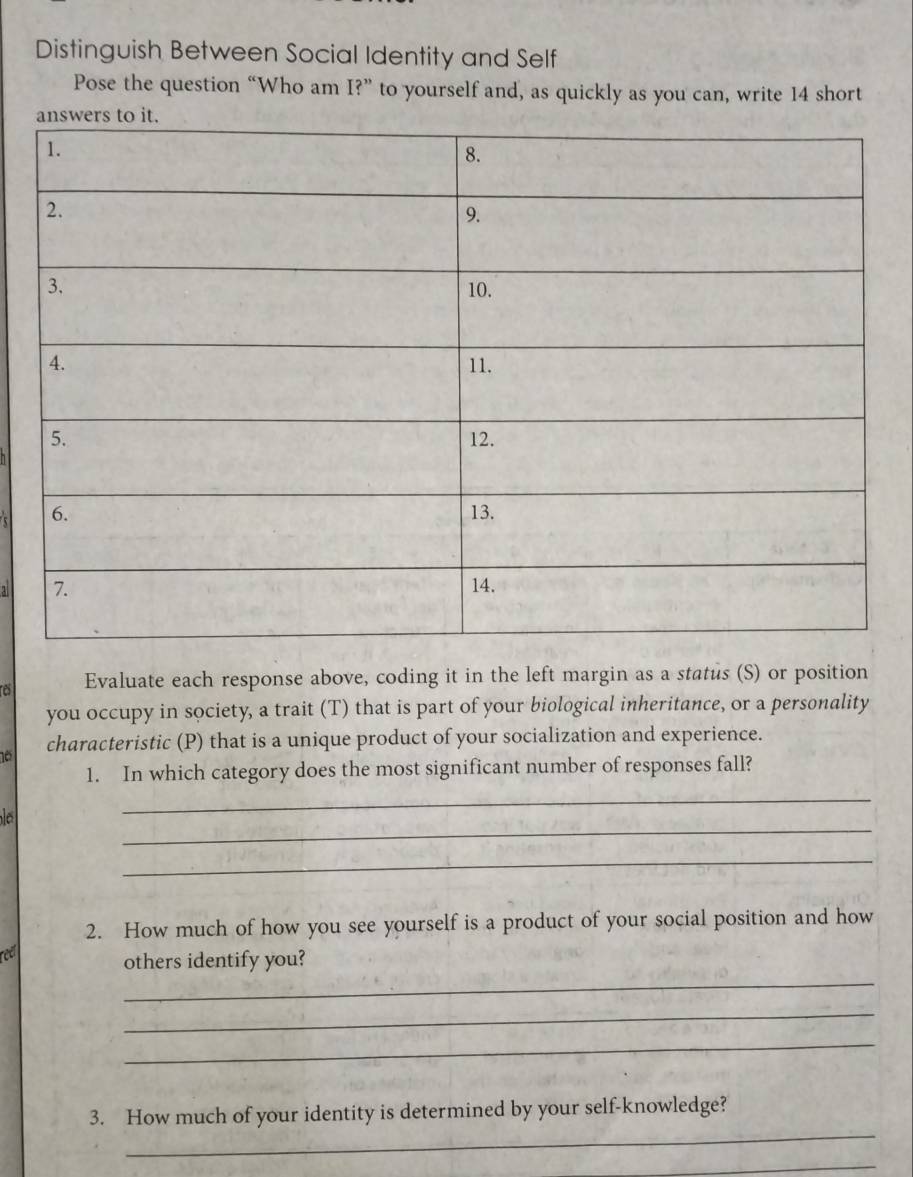 Distinguish Between Social Identity and Self 
Pose the question “Who am I?” to yourself and, as quickly as you can, write 14 short 
a 
rest Evaluate each response above, coding it in the left margin as a status (S) or position 
you occupy in society, a trait (T) that is part of your biological inheritance, or a personality
10 characteristic (P) that is a unique product of your socialization and experience. 
1. In which category does the most significant number of responses fall? 
_ 
_ 
_ 
2. How much of how you see yourself is a product of your social position and how 
reet 
_ 
others identify you? 
_ 
_ 
_ 
3. How much of your identity is determined by your self-knowledge? 
_