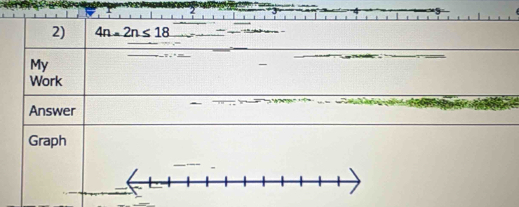 2 
2) 4n=2n≤ 18
My 
Work 
Answer 
Graph