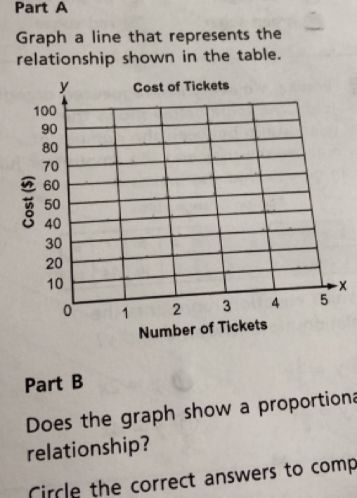 Graph a line that represents the 
relationship shown in the table.
x
Part B 
Does the graph show a proportiona 
relationship? 
Circle the correct answers to comp