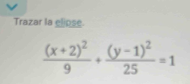 Trazar la elipse.
frac (x+2)^29+frac (y-1)^225=1