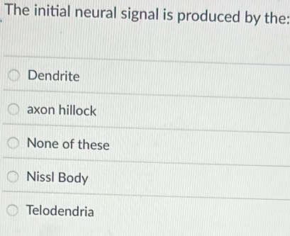 The initial neural signal is produced by the:
Dendrite
axon hillock
None of these
Nissl Body
Telodendria