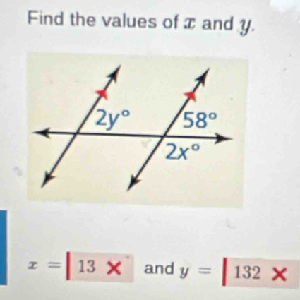 Find the values of x and y.
x=13 and y=132*