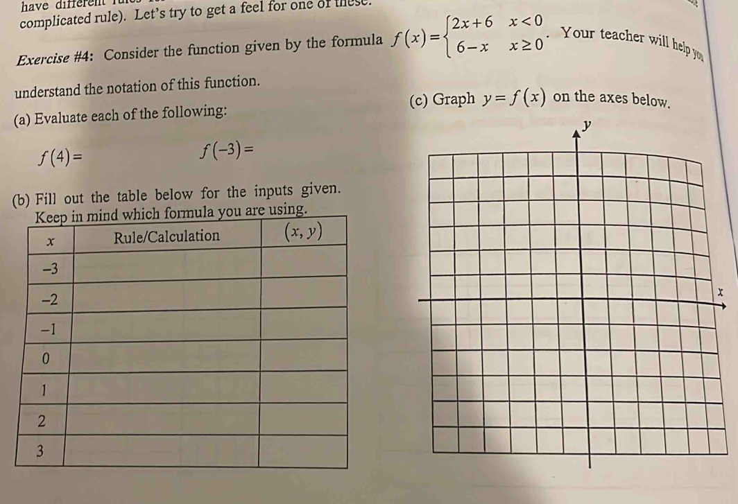 have different für
complicated rule). Let’s try to get a feel for one of uest.
  
Exercise #4: Consider the function given by the formula f(x)=beginarrayl 2x+6x<0 6-xx≥ 0endarray. Your teacher wil help y
understand the notation of this function.
(c) Graph
(a) Evaluate each of the following: y=f(x) on the axes below.
f(4)=
f(-3)=
(b) Fill out the table below for the inputs given.
using.
x