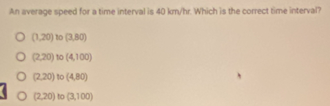 An average speed for a time interval is 40 km/hr. Which is the correct time interval?
(1,20) to (3,80)
(2,20) to (4,100)
(2,20) to (4,80)
(2,20) to (3,100)