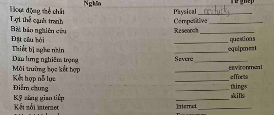 Nghĩa 
Hoạt động thể chất Physical_ 
Lợi thế cạnh tranh Competitive_ 
Bài báo nghiên cứu Research_ 
Đặt câu hỏi _questions 
Thiết bị nghe nhìn _equipment 
Đau lưng nghiêm trọng Severe_ 
Môi trường học kết hợp _environment 
Kết hợp nỗ lực _efforts 
Điểm chung _things 
Kỹ năng giao tiếp _skills 
Kết nối internet Internet_