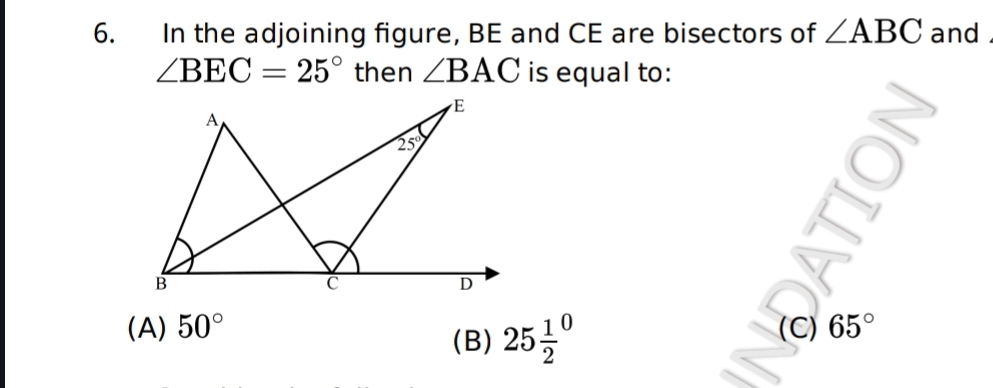 Solved: In the adjoining figure, BE and CE are bisectors of ∠ ABC and ...