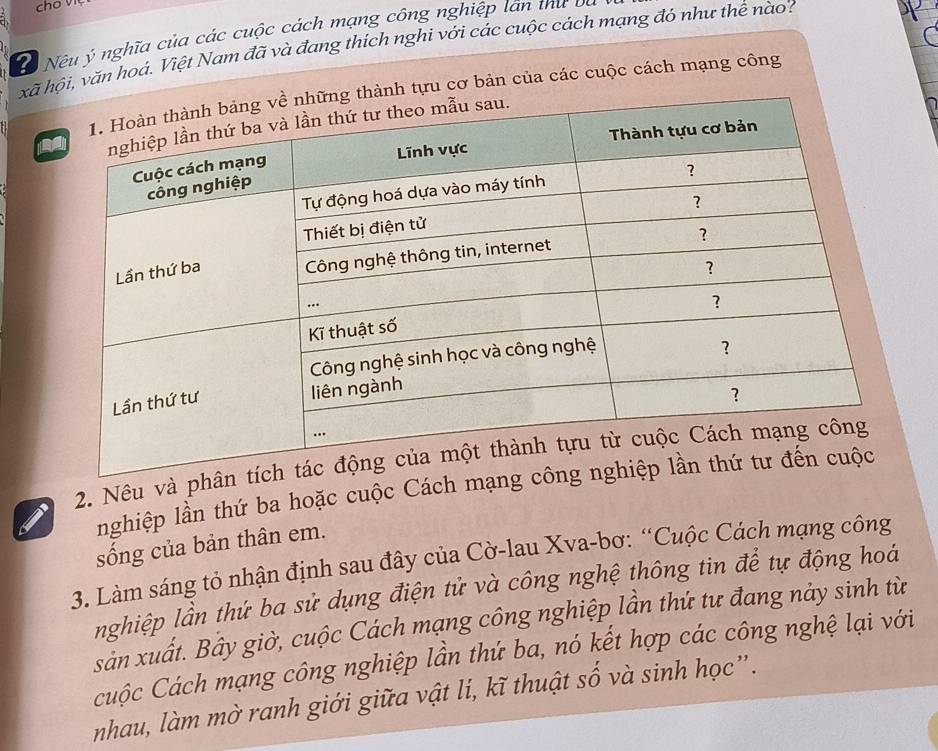 Dễ Nêu ý nghĩa của các cuộc cách mạng công nghiệp lần thư va 
xã hội, văn hoá. Việt Nam đã và đang thích nghi với các cuộc cách mạng đó như thể nào? 
tựu cơ bản của các cuộc cách mạng công 
2. Nêu và p 
lnghiệp lần thứ ba hoặc cuộc Cách m 
sống của bản thân em. 
3. Làm sáng tỏ nhận định sau đây của Cờ-lau Xva-bơ: “Cuộc Cách mạng công 
nghiệp lần thứ ba sử dụng điện tử và công nghệ thông tin để tự động hoá 
sản xuất. Bây giờ, cuộc Cách mạng công nghiệp lần thứ tư đang nảy sinh từ 
Cuộc Cách mạng công nghiệp lần thứ ba, nó kết hợp các công nghệ lại với 
nhau, làm mờ ranh giới giữa vật lí, kĩ thuật số và sinh học”.