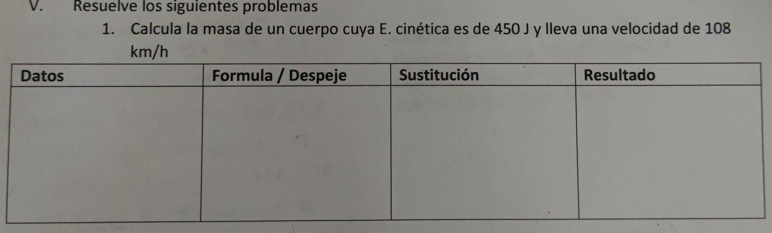 Resuelve los siguientes problemas 
1. Calcula la masa de un cuerpo cuya E. cinética es de 450 J y lleva una velocidad de 108