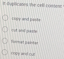 It duplicates the cell content
copy and paste
cut and paste
format painter
copy and cut