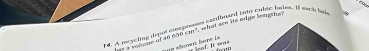 covr 
aes cardboard into cubic bales. If each ba 
14. A recycling dep 46656cm^2 what are its edge lengths? 
In 
has a volume of ure shown here is 
r leaf. It was 
from