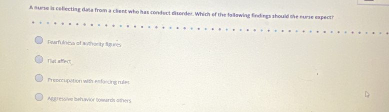 A nurse is collecting data from a client who has conduct disorder. Which of the following findings should the nurse expect?
Fearfulness of authority figures
Flat affect
Preoccupation with enforcing rules
Aggressive behavior towards others