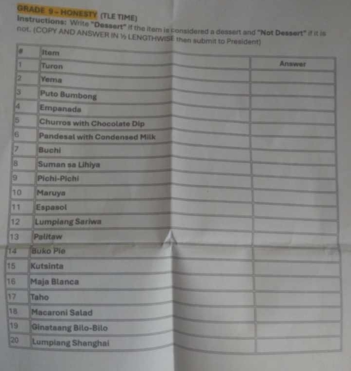 GRADE 9- HONESTY (TLE TIME) 
Instructions: Write "Dessert' if the iter is considered a dessert and "Not Des 
not. (COPY AND A
4
s
6
7
8
9
1
1
1
13
14
15
16
17
18
19
2