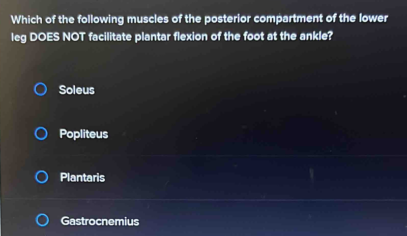 Which of the following muscles of the posterior compartment of the lower
leg DOES NOT facilitate plantar flexion of the foot at the ankle?
Soleus
Popliteus
Plantaris
Gastrocnemius