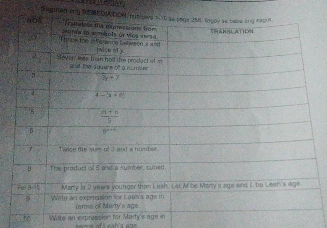 Sagutan ang
10. Write an expression for Marty's age in
terms of L eah's soe .