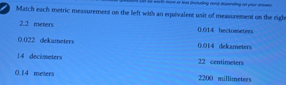 etons can be worth more or less (including zero) depending on your answer.
Match each metric measurement on the left with an equivalent unit of measurement on the righ
2.2 meters 0.014 hectometers
0.022 dekameters 0.014 dekameters
14 decimeters 22 centimeters
0.14 meters 2200 millimeters