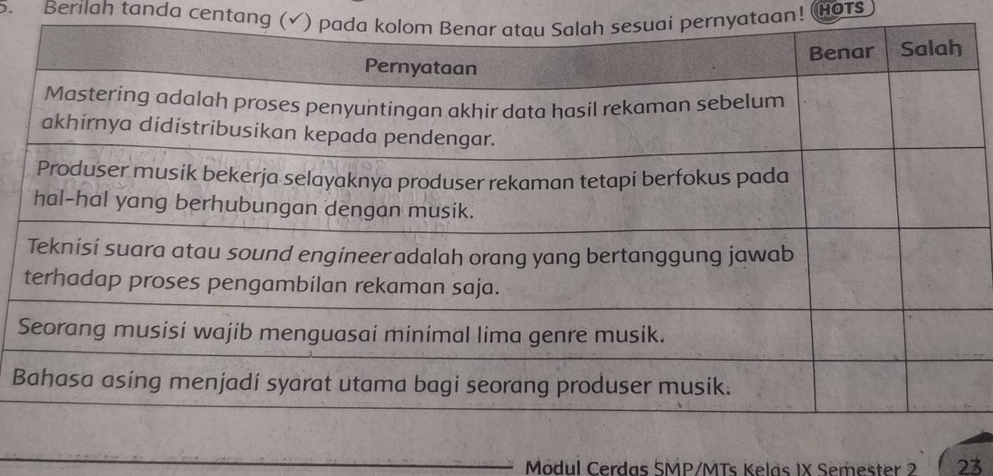 Berilah tanda centang (✓) padai pernyataan! HOTS 
S 
B 
Modul Cerdas SMP/MTs Kelas IX Semester 2 23