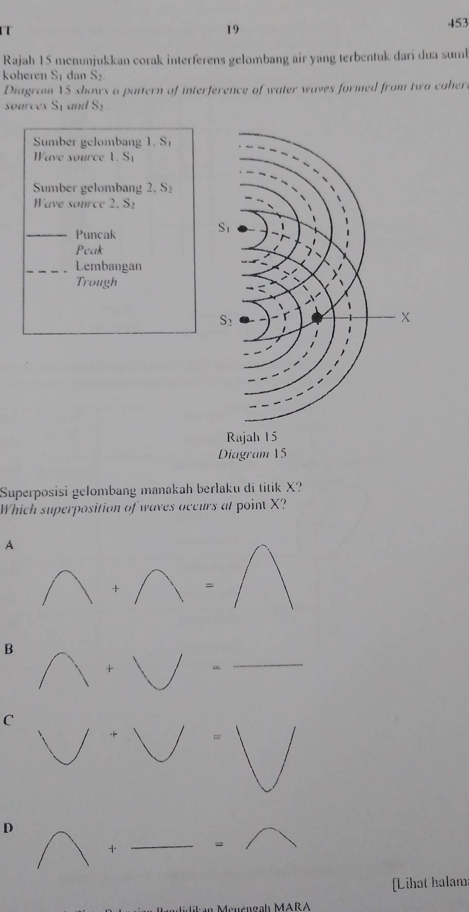 19
453
Rajah 15 mcnunjukkan corak interferens gelombang air yang terbentuk dari dua sumb
koheren S1 dan S2
Diagram YS shows a pattern of interference of water waves formed from two cohere
sources Sy and S_2
Sumber gelombang 1. S
Wave source 1. S1
Sumber gelombang 2, S₂
Wave source 2, S2
_Puncak
Peak
_Lembangan
Trough
Diagram 15
Superposisi gelombang manakah berlaku di titik X?
Which superposition of waves occurs at point X?
A
+
=
B
+
_
C
+
_
D
+
[Lihat halama
ngạh MARA