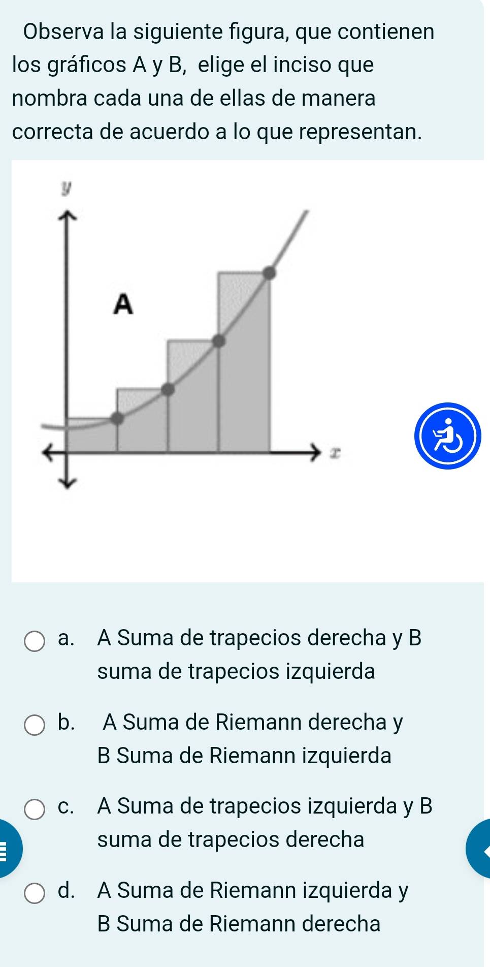 Observa la siguiente figura, que contienen
los gráficos A y B, elige el inciso que
nombra cada una de ellas de manera
correcta de acuerdo a lo que representan.
y
A
x
a. A Suma de trapecios derecha y B
suma de trapecios izquierda
b. A Suma de Riemann derecha y
B Suma de Riemann izquierda
c. A Suma de trapecios izquierda y B
suma de trapecios derecha
d. A Suma de Riemann izquierda y
B Suma de Riemann derecha