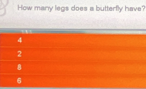 How many legs does a butterfly have?
4
2
8
6