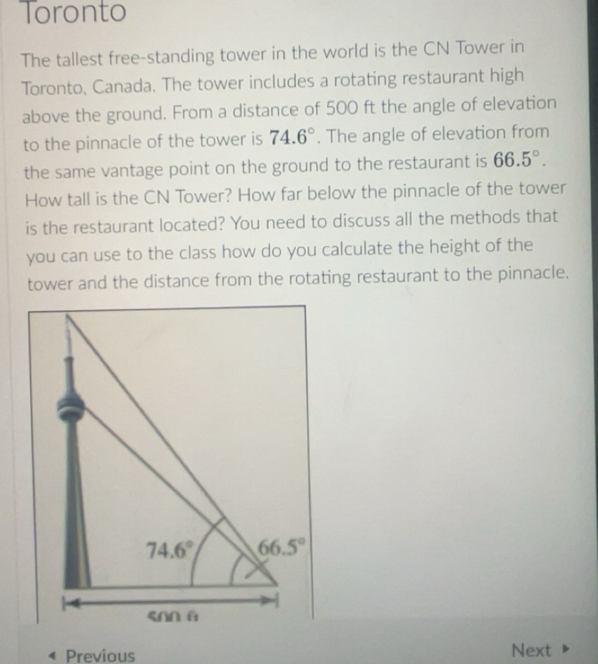 Solved: Toronto The tallest free-standing tower in the world is the CN ...