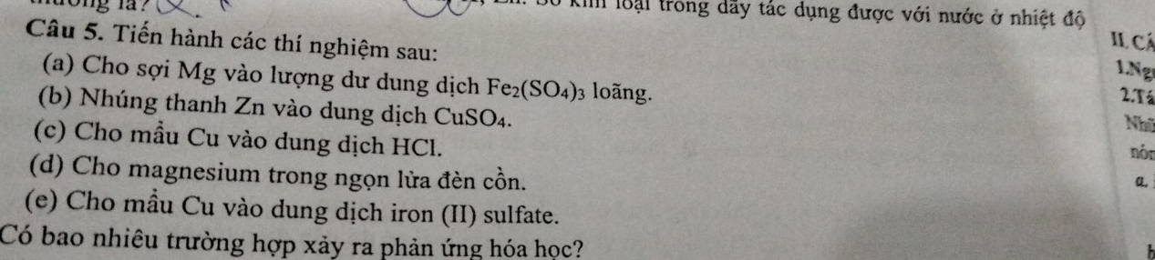 Ki loại trong dãy tác dụng được với nước ở nhiệt độ Il Cá 
Câu 5. Tiến hành các thí nghiệm sau: 
1.Ng 
(a) Cho sợi Mg vào lượng dư dung dịch Fe_2(SO_4)_3 loãng. 
2.Tá 
(b) Nhúng thanh Zn vào dung dịch CuSO₄. 
Nhữ 
(c) Cho mẫu Cu vào dung dịch HCl. 
nór 
(d) Cho magnesium trong ngọn lửa đèn cồn. 
a. 
(e) Cho mầu Cu vào dung dịch iron (II) sulfate. 
Có bao nhiêu trường hợp xảy ra phản ứng hóa học?