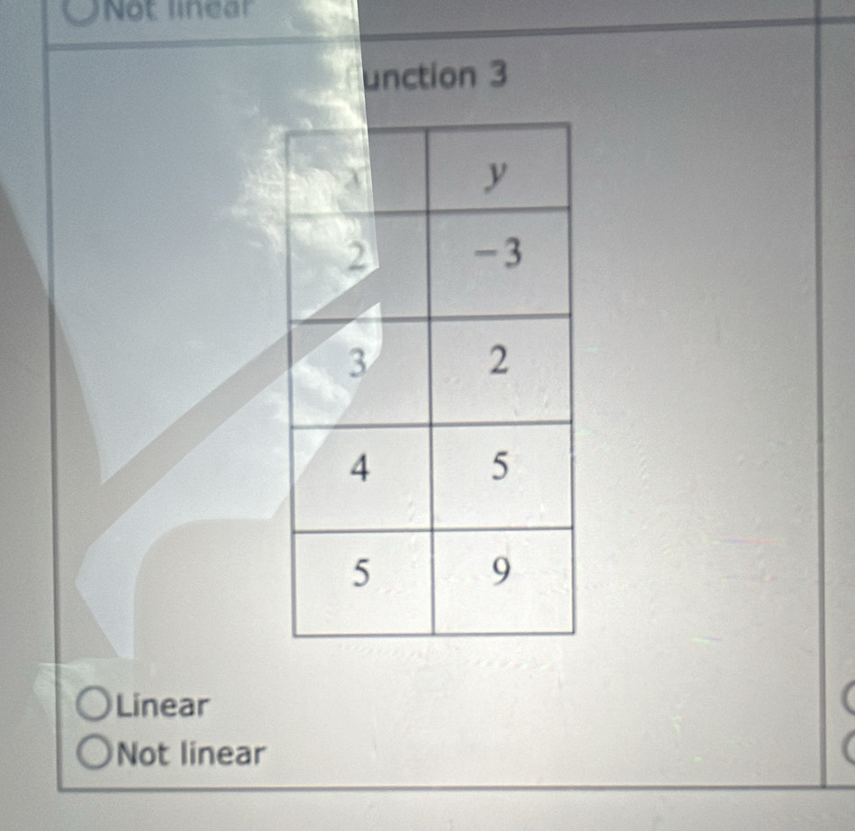 Not linear
unction 3
Linear
Not linear