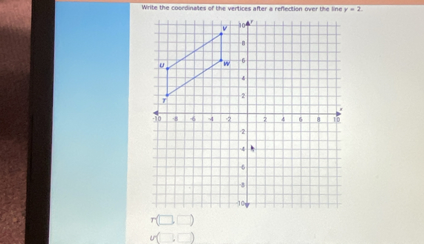 Write the coordinates of the vertices after a reflection over the line
r(□ ,□ )
U(□ ,□ )