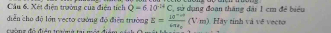 Xét điện trường của điện tích Q=6.10^(-14)C , sử dụng đoạn thăng dài 1 cm đề biểu 
diễn cho độ lớn vectơ cường độ điện trường E=frac 10^(-10)6π epsilon _0(V/m) , Hãy tính và về vecto 
cường độ điện trường tại một điệ