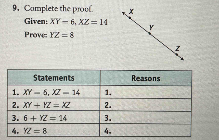 Complete the proof.
Given: XY=6,XZ=14
Y
Prove: YZ=8
Z