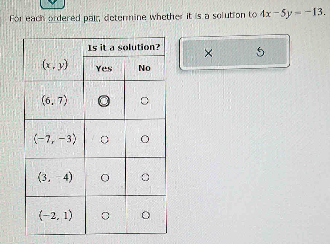 For each ordered pair, determine whether it is a solution to 4x-5y=-13.
×