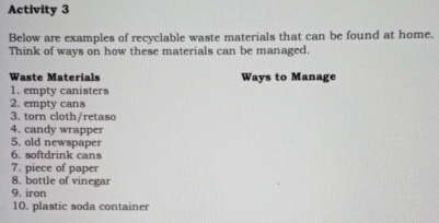 Activity 3 
Below are examples of recyclable waste materials that can be found at home. 
Think of ways on how these materials can be managed. 
Waste Materials Ways to Manage 
1. empty canisters 
2. empty cans 
3. torn cloth/retaso 
4. candy wrapper 
5. old newspaper 
6. softdrink cans 
7. piece of paper 
8. bottle of vinegar 
9. iron 
10. plastic soda container