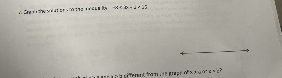 Graph the solutions to the inequality -8≤ 3x+1<16</tex>.
x>b different from the graph of x>a or x>b ?