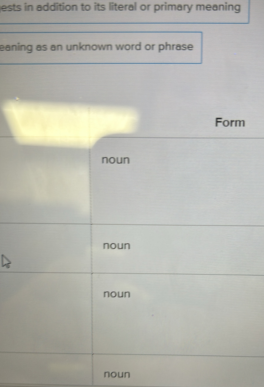 jests in addition to its literal or primary meaning 
eaning as an unknown word or phrase
Form
noun
noun
noun
noun