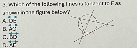 Which of the following lines is tangent to F as
shown in the figure below
A overleftrightarrow DE
B. overleftrightarrow AG
C. overleftrightarrow BD
D. overleftrightarrow AE