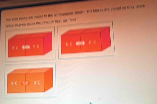 he sey boos ard heared to the temperatunes sheem. The klass are plased so they bouch 
diegram anows the direction heat will fhrm ? 
0 t