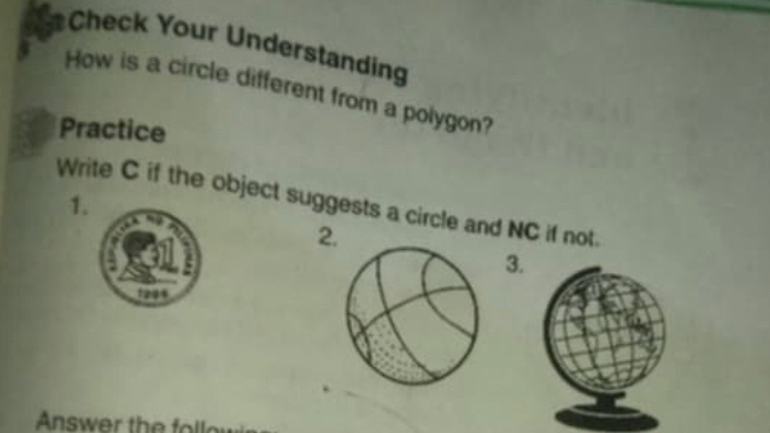 Check Your Understanding 
How is a circle different from a polygon? 
Practice 
Write C if the object suggests a circle and NC if not 
1. 
2. 
3. 
1204 
Answer the foll