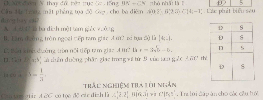 D. Xer điểm N thay đổi trên trục Ox , tổng BN+CN nhỏ nhất là 6. D s
Cầu 14: Trong mặt phẳng tọa độ Oxy , cho ba điểm A(0;2), B(2;3), C(4;-1). Các phát biểu sau
ding hay sai?
A. A. Đ. C là ba đinh một tam giác vuông
B. Tâm đường tròn ngoại tiếp tam giác ABC có tọa độ là (4;1).
C. Bản kính đường tròn nội tiếp tam giác ABC là r=3sqrt(5)-5.
D. Goi D(a;b) là chân đường phân giác trong vẽ từ B của tam giác ABC th
la có a-b= 1/3 . 
trắc nghiệm trả lời ngắn
Cho tam giác ABC có tọa độ các đinh là A(2;2), B(6;3) và C(5;5). Trả lời đáp án cho các câu hỏi