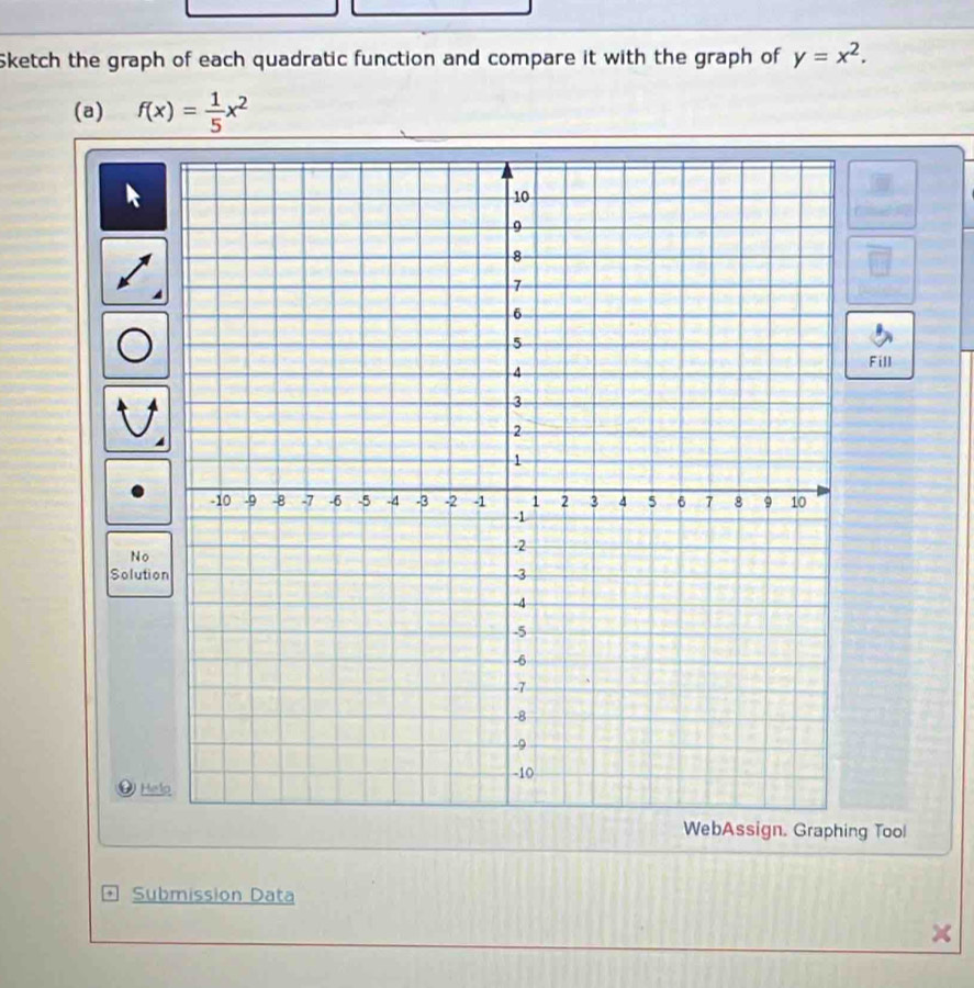 Sketch the graph of each quadratic function and compare it with the graph of y=x^2. 
(a) f(x)= 1/5 x^2
Fill 
No 
Solutio 
O Helo 
ng Tool 
Submission Data