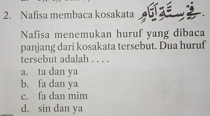 Nafisa membaca kosakata
Nafisa menemukan huruf yang dibaca
panjang dari kosakata tersebut. Dua huruf
tersebut adalah . . . .
a. ta dan ya
b. fa dan ya
c. fa dan mim
d. sin dan ya