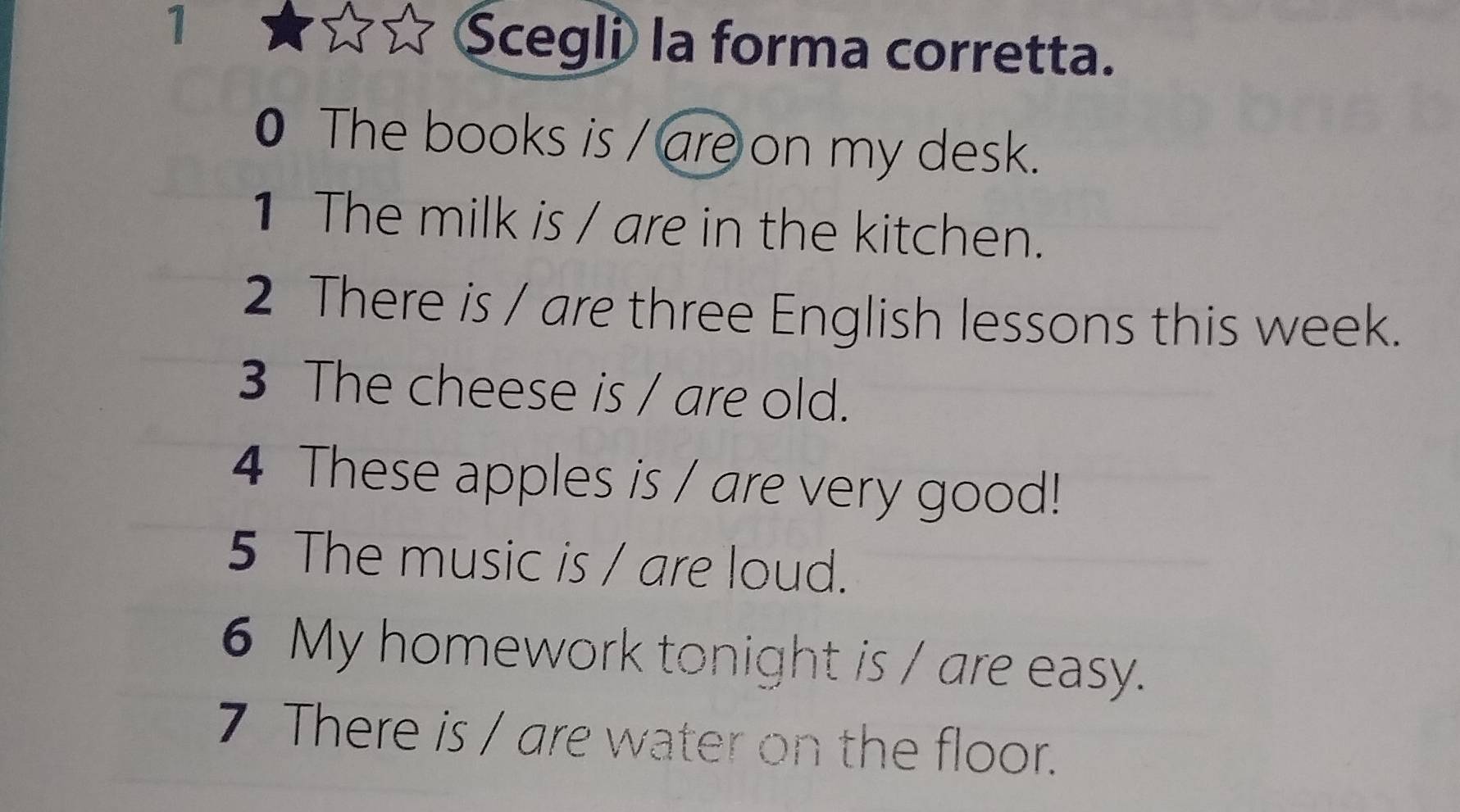 Scegli la forma corretta. 
0 The books is / are on my desk. 
1 The milk is / are in the kitchen. 
2 There is / are three English lessons this week. 
3 The cheese is / are old. 
4 These apples is / are very good! 
5 The music is / are loud. 
6 My homework tonight is / are easy. 
7 There is / are water on the floor.