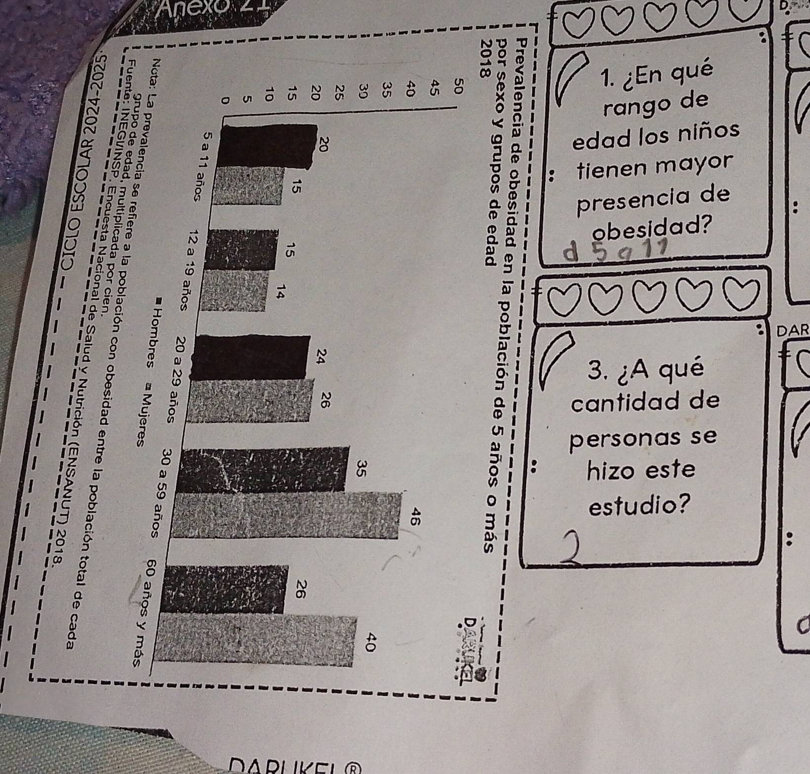 Ane a 
。 
1. ¿En qué 
rango de 
a 
edad los niños 
: tienen mayor 
a 
presencia de 
D 
obesidad? 
a 
σ 
Q 
DAR 
3. ¿A qué 
cantidad de 
personas se 
hizo este 

。 
estudio? 
a